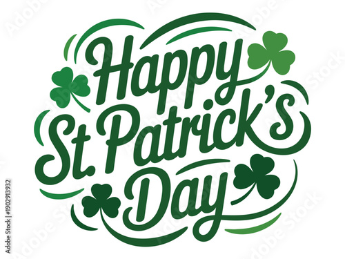 A festive Happy St. Patrick's Day message with green shamrocks and swirls on a white background