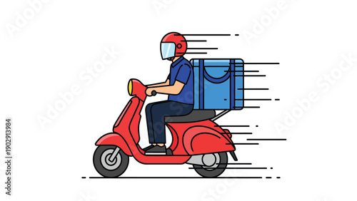 Speedy delivery service: Courier on red scooter with blue box, moving fast with speed lines