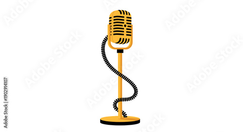 A vintage-style yellow microphone on a stand with a coiled cord.