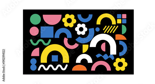 A vibrant abstract composition featuring a playful arrangement of colorful geometric shapes and floral motifs on a black background.