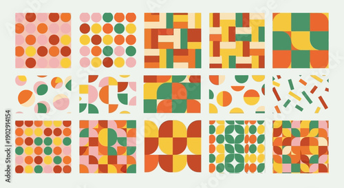 A collection of 15 abstract geometric patterns with a retro color palette, featuring circles, squares, and rectangles in various arrangements.