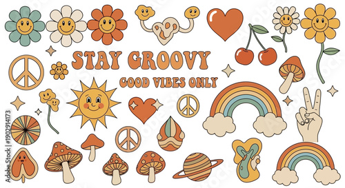 A vibrant collection of retro 1970s-inspired graphic elements including flowers, mushrooms, rainbows, peace signs, and inspirational text.