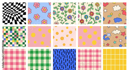 A vibrant collection of 15 diverse seamless patterns, featuring abstract designs, floral motifs, and playful geometric arrangements.