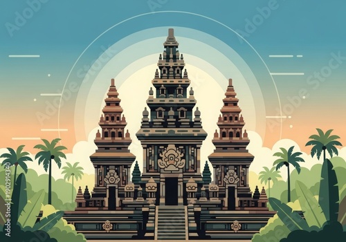 Stylized flat illustration of an ancient Southeast Asian temple inspired by traditional Indonesian architecture. The artwork features a symmetrical stone structure with clean lines, minimalist design