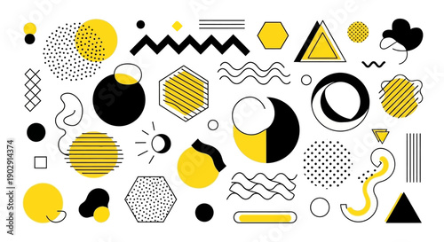 A vibrant collection of abstract geometric shapes and patterns in black and yellow, creating a dynamic and modern visual composition.