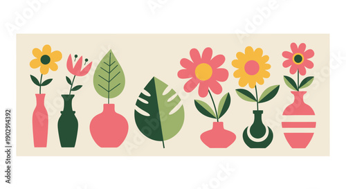 A whimsical illustration of various potted flowers and leaves in a row against a neutral background.