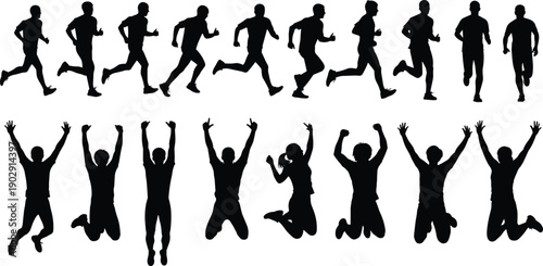 Running and jumping people silhouettes set, active human poses exercising celebrating isolated on white background fitness illustration design
