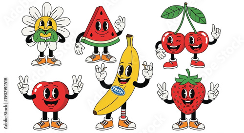 A collection of vintage-style cartoon fruits and a flower character with expressive faces and arms, striking playful poses.