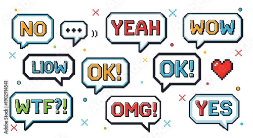 A collection of colorful pixel art speech bubbles with various exclamations and interjections.