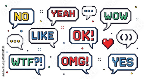 A collection of pixelated speech bubbles with various exclamations and words like NO, YEAH, WOW, LIKE, OK, WTF, OMG, and YES.