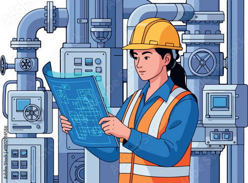 Female Engineer Reading Technical Plan isolated on transparent background