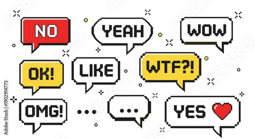 A collection of pixelated speech bubbles with various exclamations and reactions like NO, YEAH, WOW, OK, LIKE, WTF, OMG, YES, and ellipses.