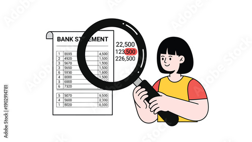 Bank Statement Review with Magnifying Glass, Highlighting Financial Data for Audit and Analysis