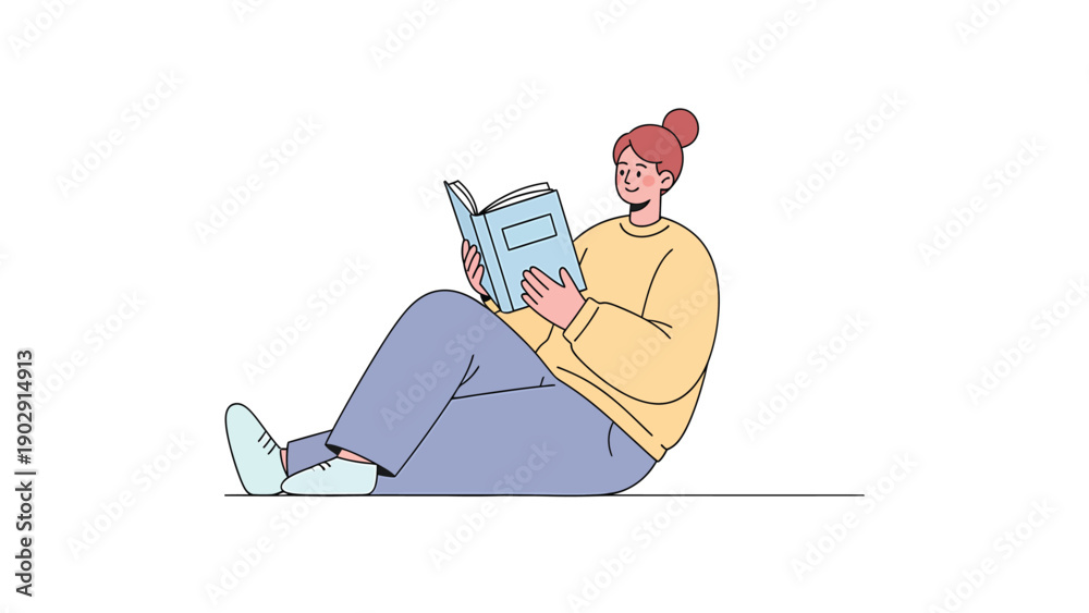 Obraz premium Happy woman sitting on floor reading book. Flat vector illustration of leisure, education, and knowledge.