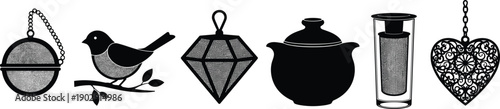 Six unique tea infuser silhouette vector illustration, elegant teapot and strainer designs, black and white kitchen utensil art collection