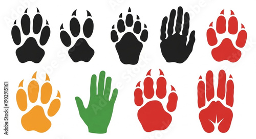 Collection of Animal Paw Prints and Human Hand Prints.