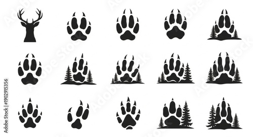 Collection of Animal Paw Prints and Deer Silhouette Icons.