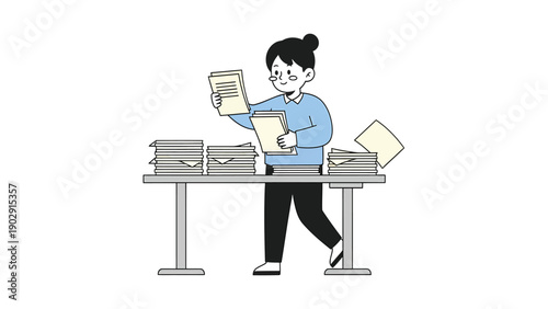 Minimalist illustration of a person organizing and sorting office documents on a table.