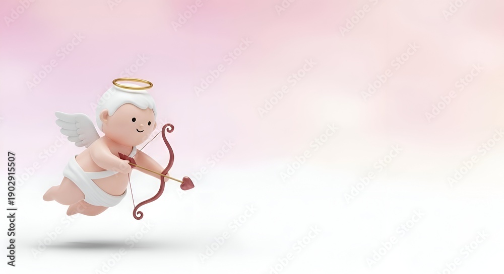 Obraz premium Cute 3D Cupid with Golden Bow and Arrow on Pastel Background