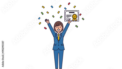 Businesswoman celebrating success, holding certificate with confetti