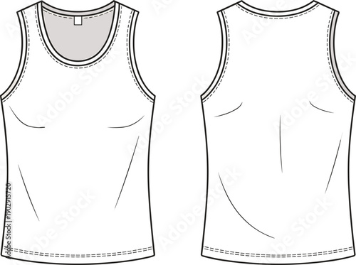 Sleeveless tank top sketch, scoop neckline, front and back view, technical flat, garment design, apparel illustration, fashion drawing, clothing template