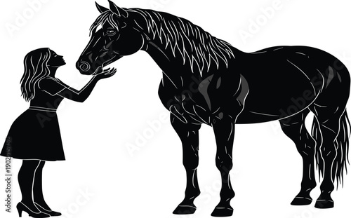 Black silhouette of young woman gently touching muzzle of majestic tall horse affectionate bond girl and equine animal friendship trust equestrian nature vector illustration art