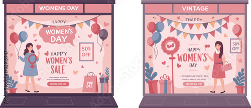 Happy Women’s Day sale window display illustration, vintage shop storefront design, 50% off banner, female shopping, festive celebration background