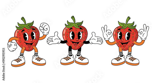 Three cartoon strawberries with arms, legs, and faces, in different poses, on a white background.