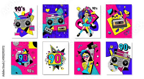 A vibrant collection of eight 90s-themed graphic art posters featuring boomboxes, cassette tapes, and bold geometric shapes.