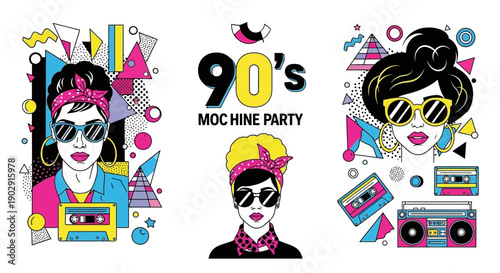 Retro 90s party illustration with vibrant geometric shapes, cassette tapes, and boombox, featuring stylish women with sunglasses and bandanas.