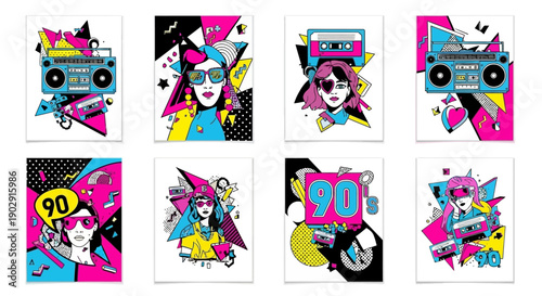 A vibrant collection of eight 90s-themed graphic art prints featuring boomboxes, cassette tapes, and stylized female figures.