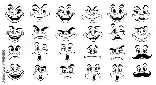 A collection of 25 cartoon facial expressions, showcasing a wide range of emotions and features.