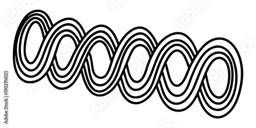 An abstract illustration of a continuous repeating infinity symbol pattern with a slight perspective effect, in a black and white line art style