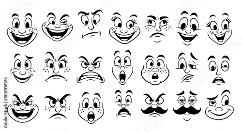 A collection of 24 cartoon faces displaying a wide range of human emotions and expressions.