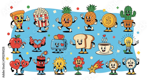 A vibrant collection of retro-style cartoon characters representing various objects and concepts, including food, nature, and abstract ideas.