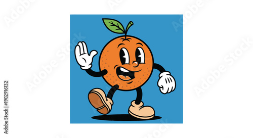 A vintage cartoon orange character with a smiling face and waving hand, set against a blue background.