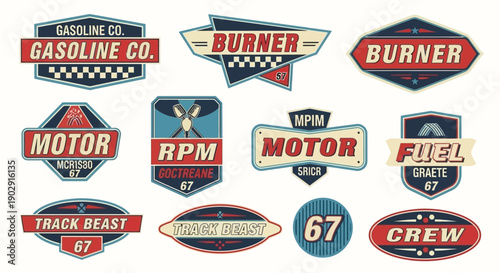 Collection of vintage-style emblems and badges for automotive and racing themes.