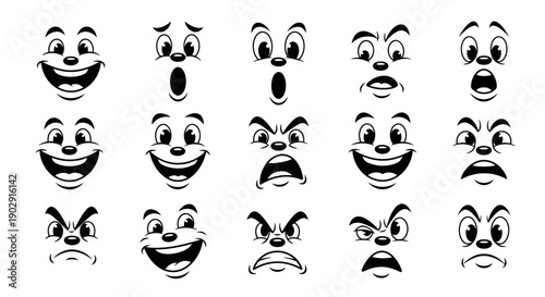 A collection of 15 cartoon faces displaying a variety of emotions and expressions, suitable for animation or design.