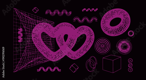 A vibrant collection of abstract 3D geometric shapes and wireframe models in purple against a black background.