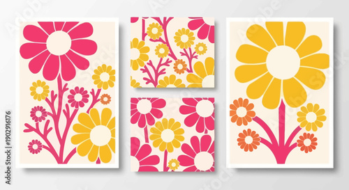 A collection of four vibrant floral art prints featuring bold, retro-inspired daisy designs in pink, yellow, and orange.