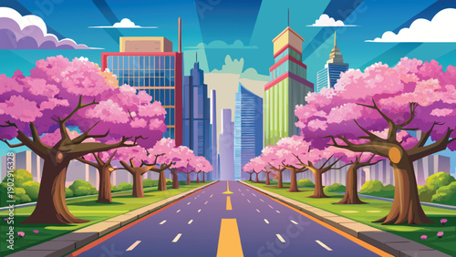 Vibrant cherry blossom street with futuristic cityscape and road