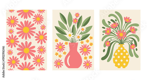 Three abstract floral illustrations featuring pink daisies and green foliage in vases on a cream background.