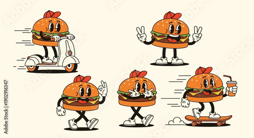 A collection of retro-style cartoon hamburgers in various poses, including riding a scooter, skateboarding, and waving.