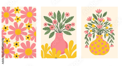 A collection of three vibrant, retro-inspired floral illustrations featuring pink and yellow flowers in vases and as patterns.