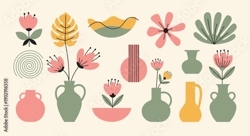 A collection of abstract floral and botanical illustrations with vases in a modern minimalist style.