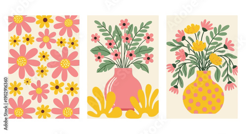 Three vibrant retro floral illustrations featuring bouquets in vases and a repeating flower pattern.