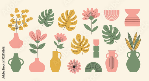 A collection of stylized, abstract floral elements and vases in a minimalist, bohemian aesthetic.