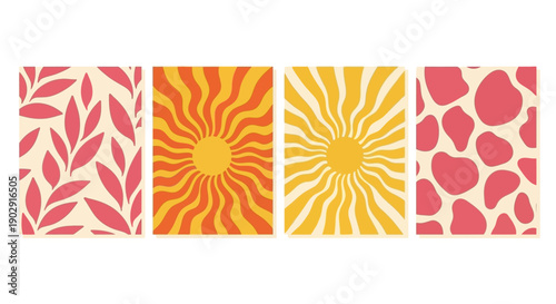 Set of four abstract bohemian style posters with nature-inspired patterns and sunburst designs in warm colors.
