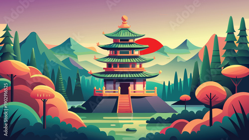 Whimsical asian pagoda in a fantasy forest landscape with vibrant autumn trees