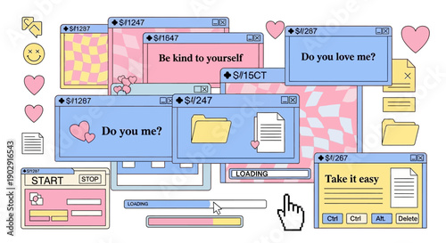 Pastel retro computer interface elements with pop-up windows, folders, icons, and a mouse cursor in a Y2K aesthetic.